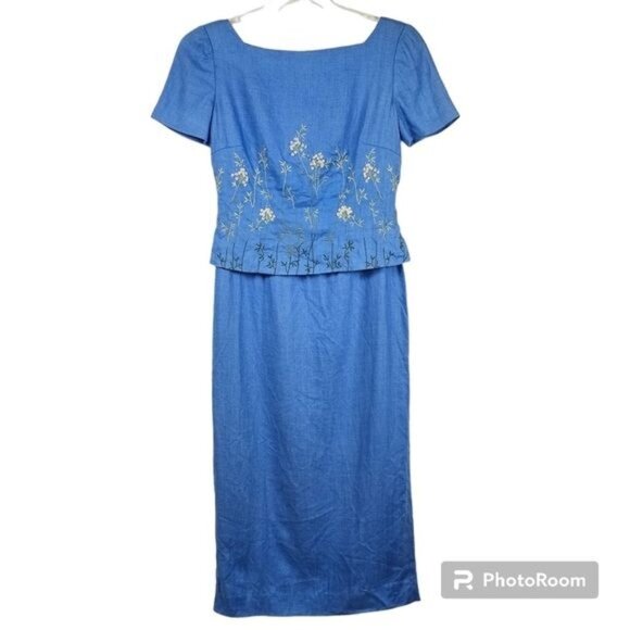 Vtg Maggy London Linen Square Neck Dress Sz 4 Embroidered Beaded Cottagecore - Picture 1 of 10